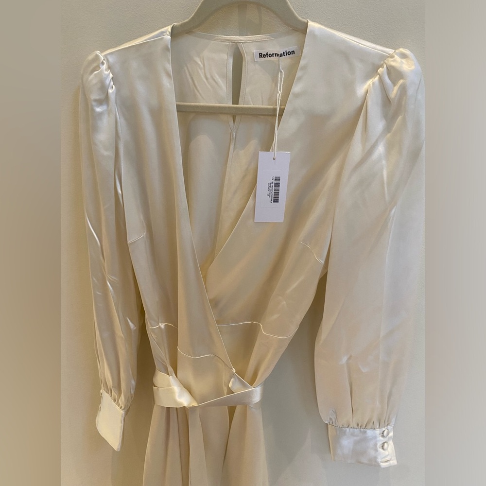Reformation Satin Ivory Wrap Wedding Dress - Picture 7 of 9